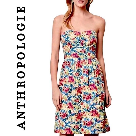 Anthropologie Girls From Savoy Floral Cotton Strapless Halter Mini Dress Size 8 - Picture 2 of 16